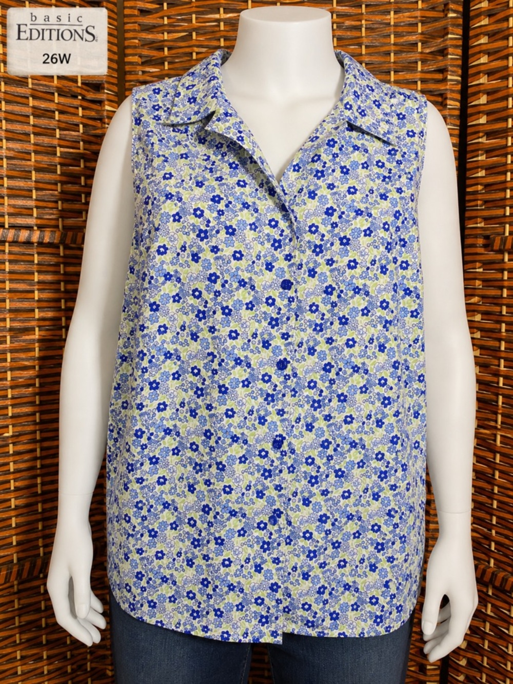 Basic Editions Blue Floral Sleeveless Button Front Blouse 26W Plus Size